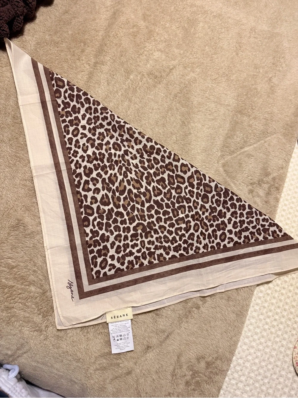 Sezane Leopard Print Silk-Feel Square Scarf - Brown & Cream BRAND NEW